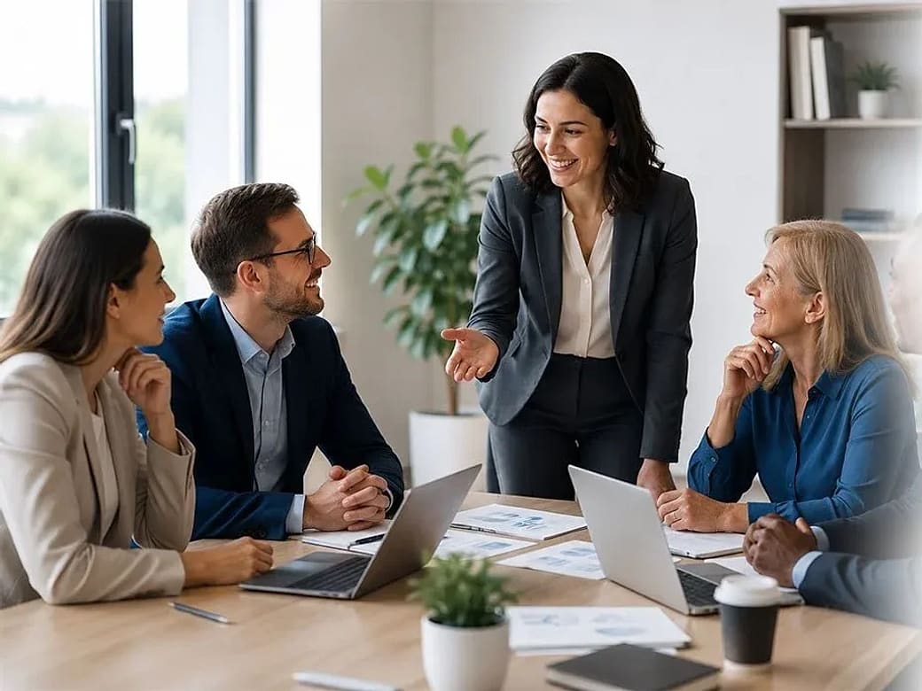 Colleagues in conversation in an open office