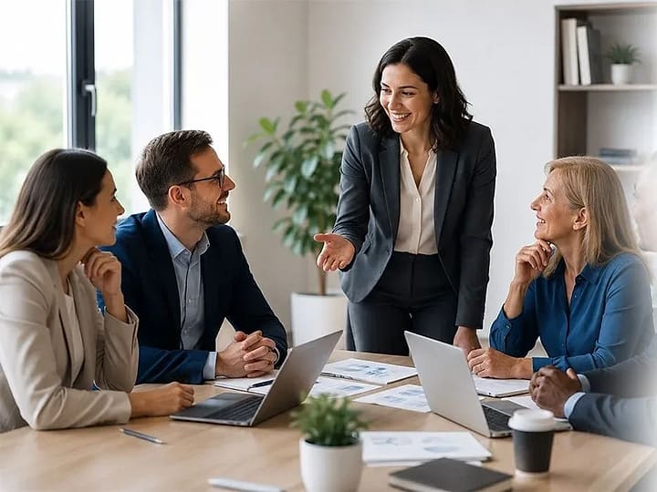 Colleagues in conversation in an open office
