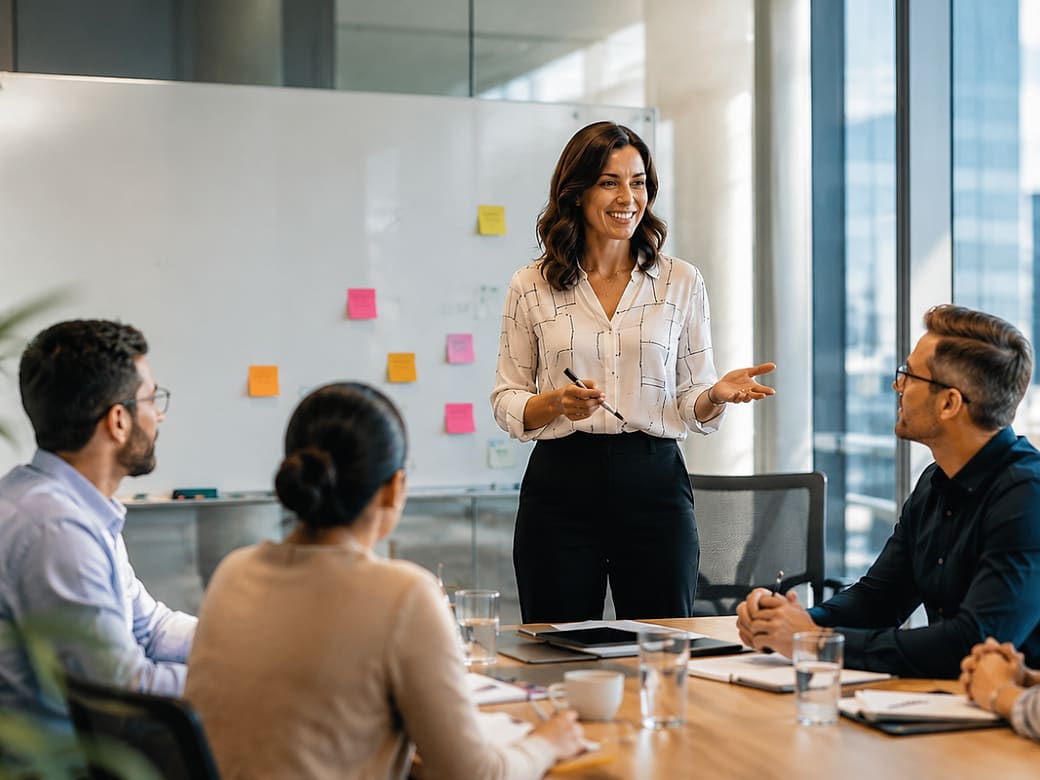 A leader presenting to colleagues at a whiteboard