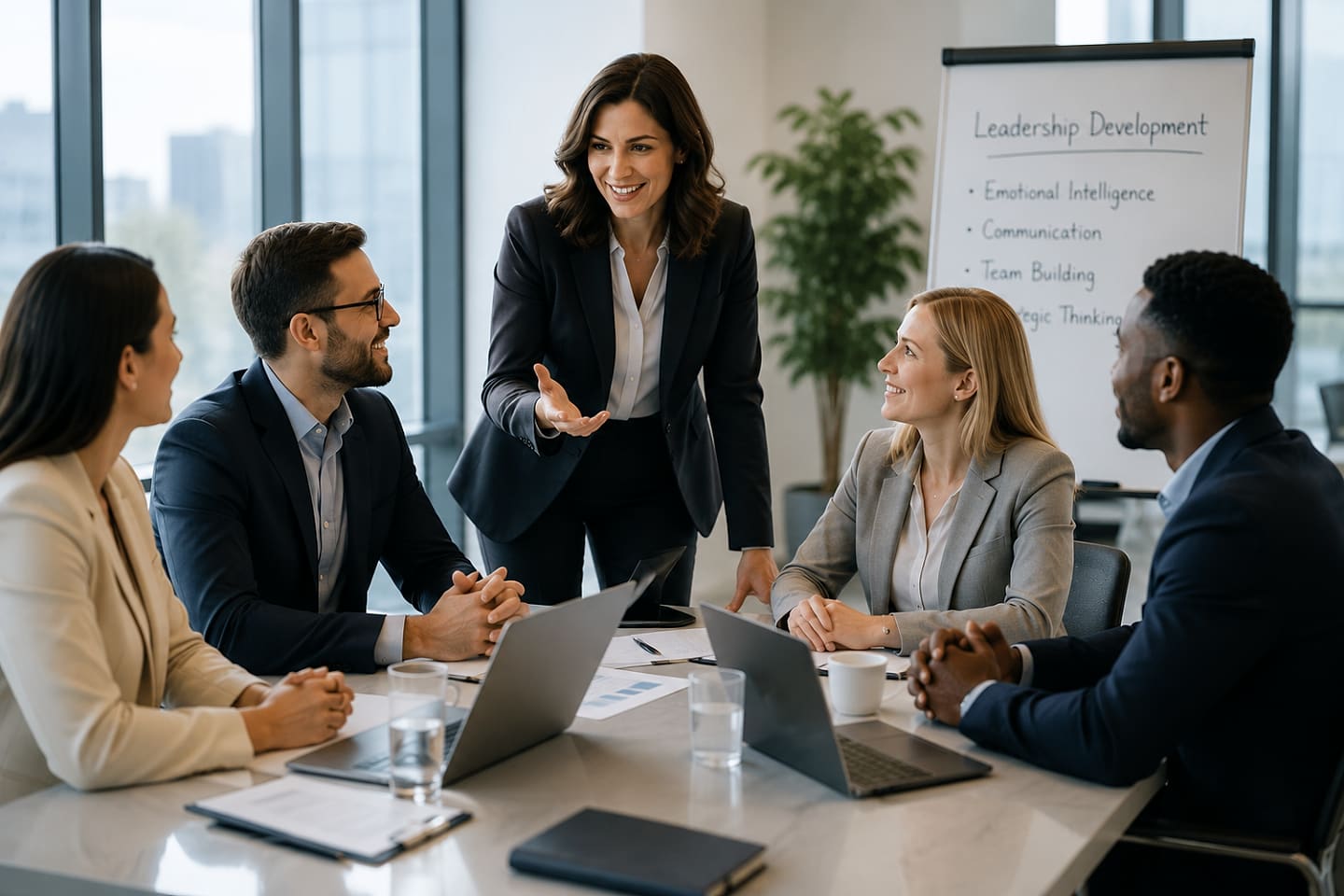 Colleagues around a meeting table, one smiling as she speaks